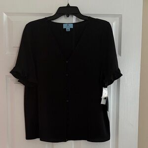 CeCe Black V-Neck Button Front Blouse with Ruffle Sleeves